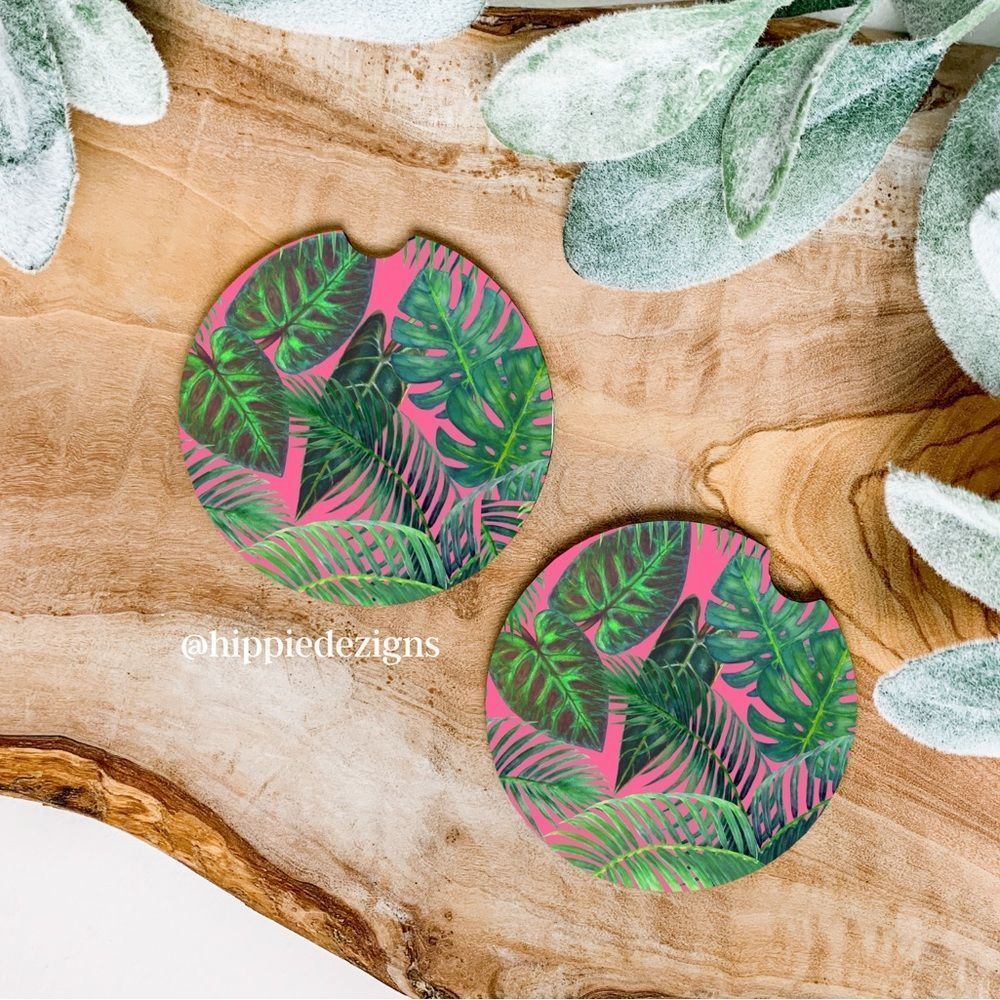 Pink Retro Plant Car Coaster Set |  Plant Coaster Set